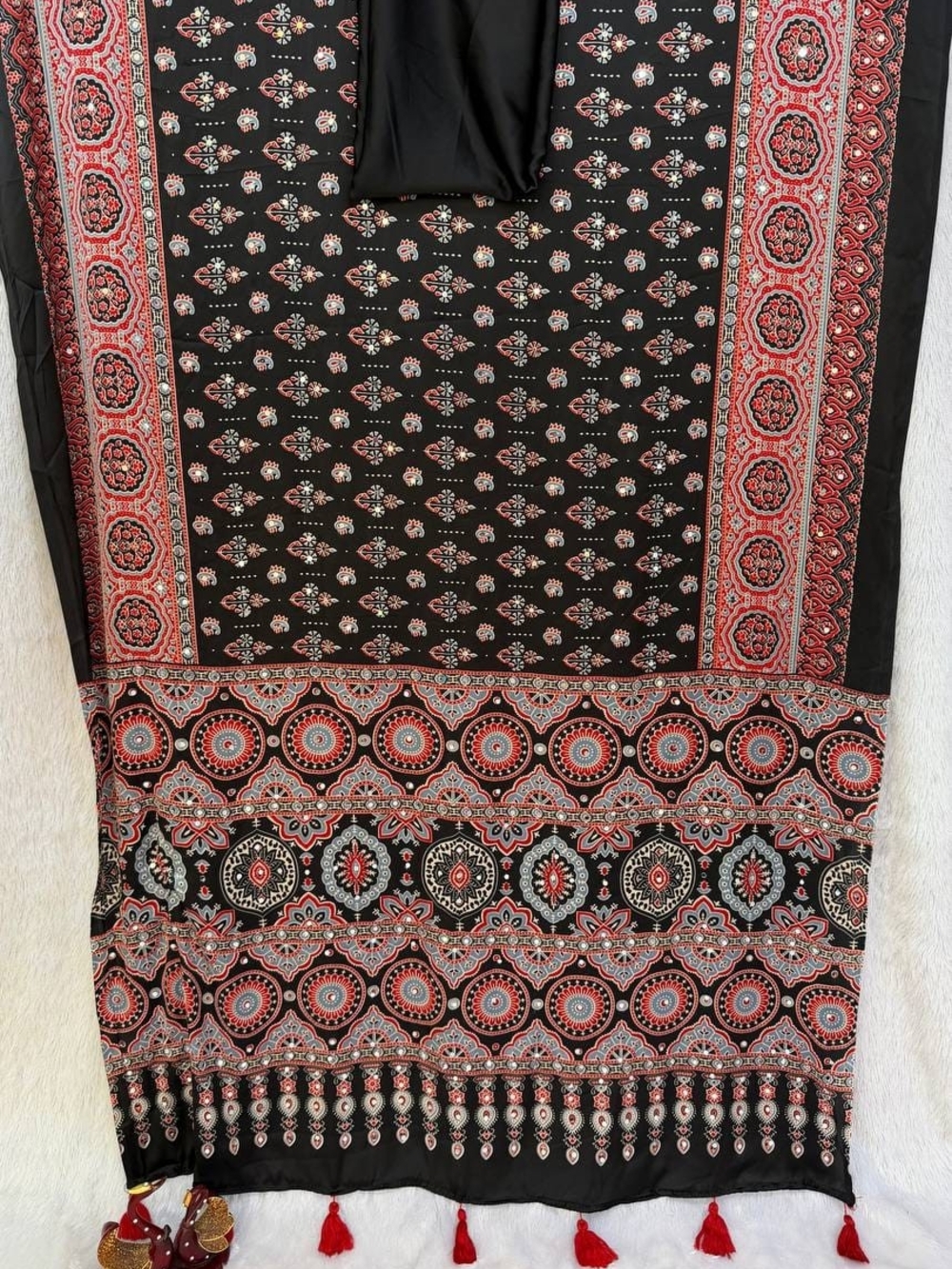 Ajrakh Print Japan Satin Saree with Mirror Work & Latkan - Picture 16 of 17
